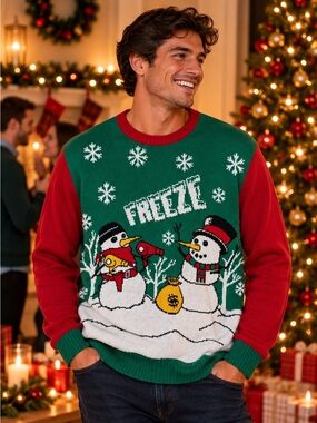 Ugly Christmas Sweater XL Snowman Freeze Robbery Funny Holiday Pullover
